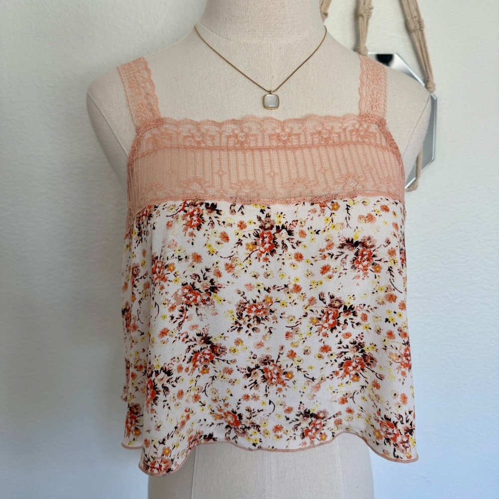 🍑 FREE PEOPLE Peach Floral Lace Sleep Lounge Reversible Cami Tank Top - Picture 6 of 16